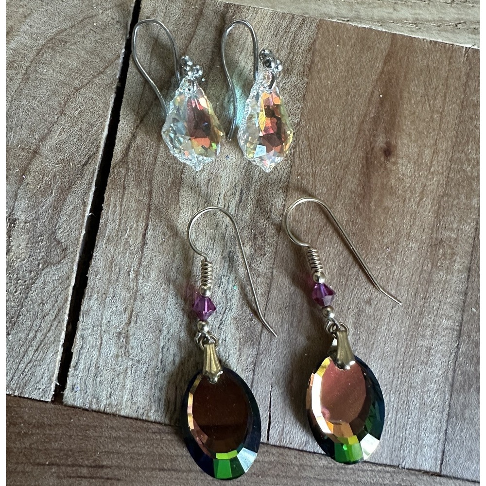 Artisan Hook Earrings 1-1.75 Inch Crystals Iridescent Aurora Borealis 2 Item Lot